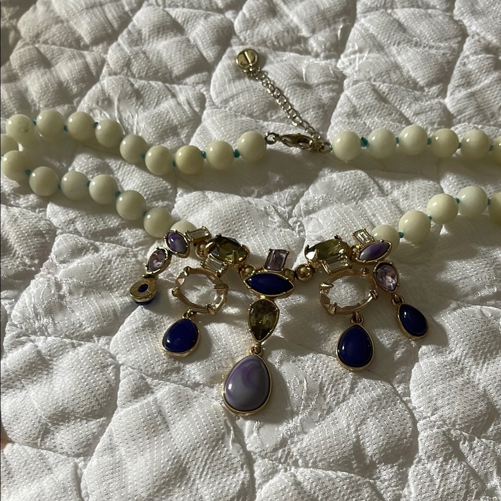 Talbots Blue and White Necklace with Pearlescent Beads and Intricate Pendant